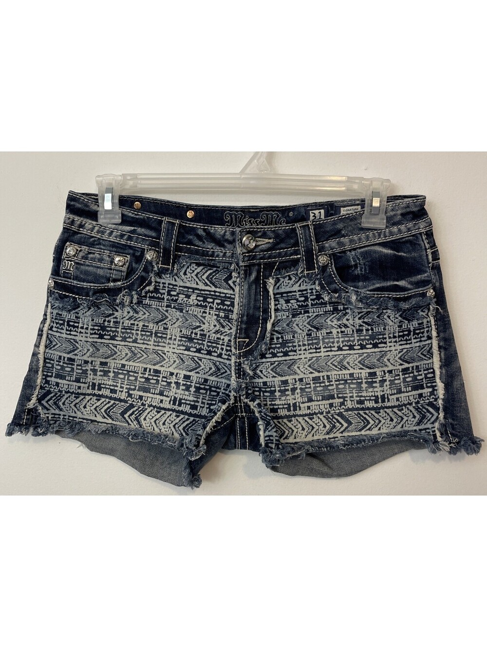 Miss Me Womens 31 -JE8088H- Aztec Print 3.5-Inseam Frayed Denim Shorts! A7395